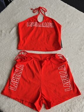 ​Labellamafia Red Ribbed Crop Top & Shorts Two-Piece Matching Set Size M NWT